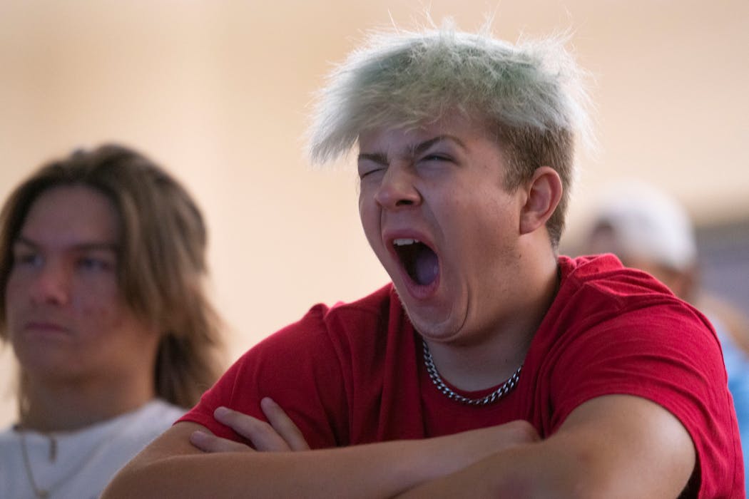 Lakeville South lineman Tegan Drinkerd yawned during a 7 a.m. film session.