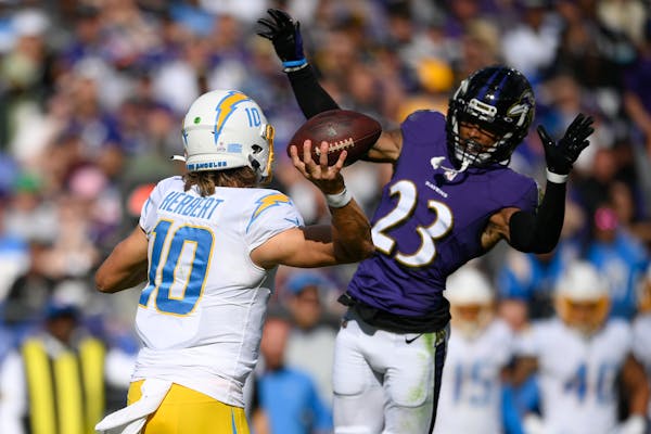 Anthony Averett and the Ravens shut down Chargers quarterback Justin Herbert on Sunday.