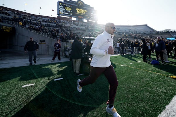 Gophers coach P.J. Fleck ran onto the field at Kinnick Stadium for warmups before his team suffered its first loss of the 2019 season, on Nov. 16.