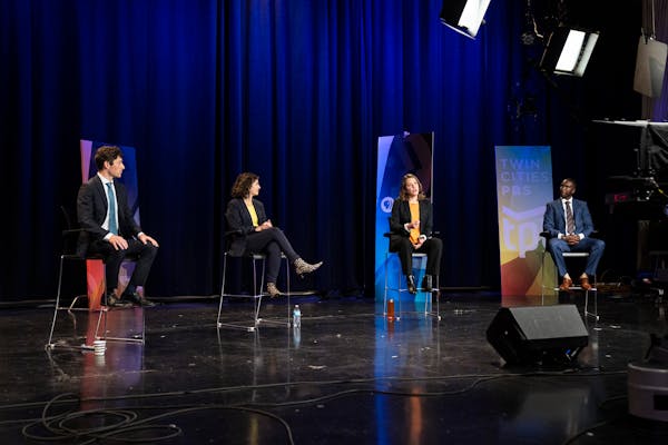 Minneapolis mayoral candidates Jacob Frey, Sheila Nezhad, Kate Knuth and AJ Awed debated during a filming of TPT’s “Almanac” in St. Paul on Frid