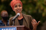U.S. Rep. Ilhan Omar, D-Minn., spoke during a news conference outside the Democratic-Farmer-Labor Party headquarters on Aug. 5, 2020, in St. Paul. She