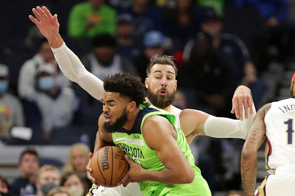 Wolves center Karl-Anthony Towns went up against Pelicans center Jonas Valanciunas on Satruday night at Target Center.