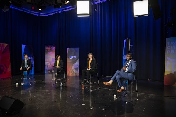 From the left; Minneapolis mayoral candidates Jacob Frey, Sheila Nezhad, Kate Knuth, and A.J. Awed debate during a filming of TPT Almanac in St. Paul,