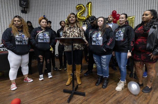 Toshira Garraway spoke alongside Aubrey and Katie Wright the parents of Daunte Wright during a news conference at a 21st birthday party for their son 