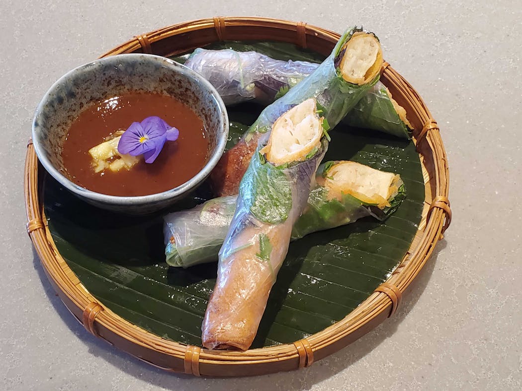 Delicate shrimp rolls are packed with mint, fragrant purple shiso and crunchy jicama. 