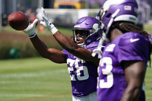 Vikings rookie running back Kene Nwangwu (26, shown in training camp) will returns kicks against the Cowboys on Sunday night. He had been sidelined be