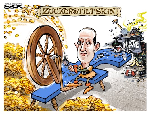 Title:  Zuckerstiltskin.  Image:  Mark Zuckerberg sitting a spinning wheel spinning hate into gold.
