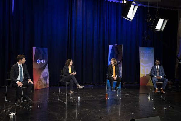 From the left; Minneapolis Mayor Jacob Frey and mayoral candidates Sheila Nezhad, Kate Knuth and A.J. Awed debate at an event held by TPT Almanac Oct.