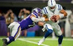 Minnesota Vikings defensive end Kenny Willekes (79) flushed Indianapolis Colts quarterback Jacob Eason (9) out of the pocket in the second half of an 