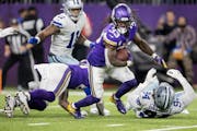 The Vikings’ Dalvin Cook looked for running room in the fourth quarter against the Cowboys on Sunday. The Minnesota offense looked discombobulated i