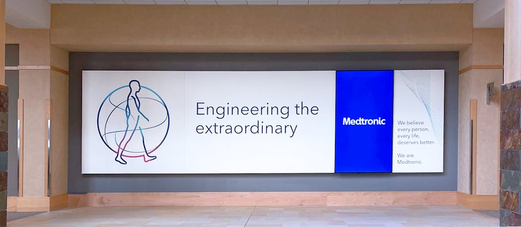 A sign at Medtronic’s Fridley operational headquarters that lays out the company’s rebranding campaign.