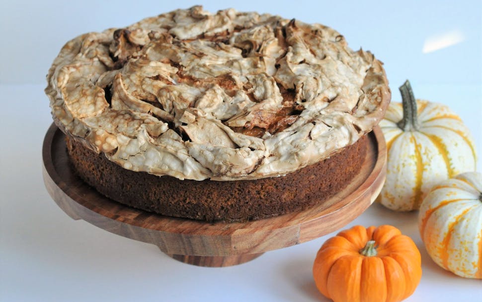 Spiced Pumpkin Pecan Cake with Meringue Topping is the best of both pie and cake worlds.