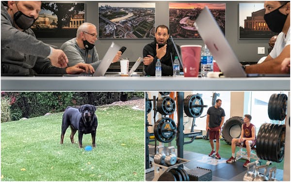 Top: Ben Johnson meets with his coaching staff at the Athlete’s Village on the University of Minnesota campus. Bottom: Bruce the Rottweiler; Johnson