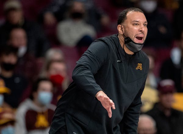 Minnesota head coach Ben Johnson in the first half Tuesday, Nov. 9, 2021 at Williams Arena in Minneapolis, Minn.  The Minnesota Gophers hosted the Mis