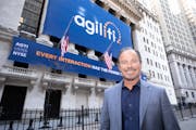 Agiliti CEO Tom Leonard in front of the New York Stock Exchange on April 23, 2021, the day the Bloomington-based company went public.