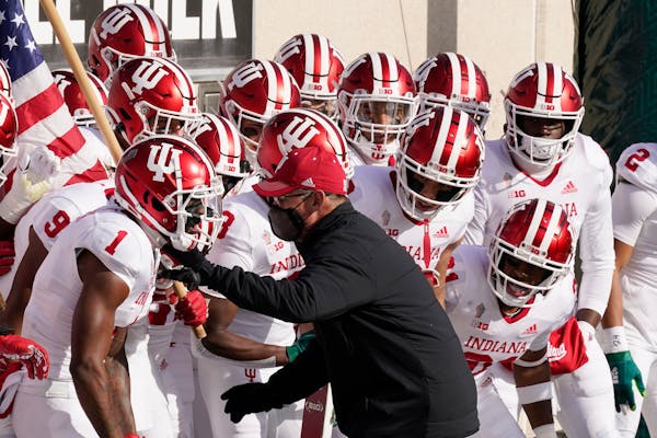 Indiana head coach Tom Allen fires ups his team before the first half of an NCAA college football game against Michigan State, Saturday, Nov. 14, 2020