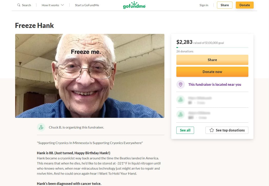 A screenshot of the GoFundMe fundraiser organized for Hank, a member of Minnesota Cryonics Rapid Response.