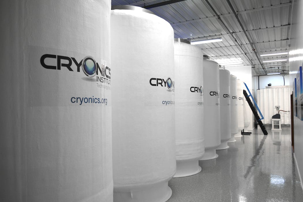 A row of cryostats at the Cryonics Institute in Michigan.