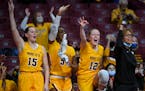 Shimmy Gray-Miller (right) celebrated a three pointer with Gophers players last season.
