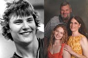 Chris Engler then and now, shown in a family photo with his wife, Cara, and daughter Carina.