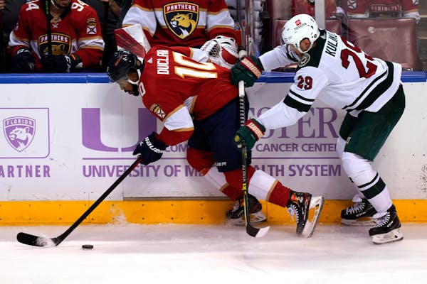 Wild defenseman Dmitry Kulikov pursued Florida left wing Anthony Duclair during the second period Saturday night.