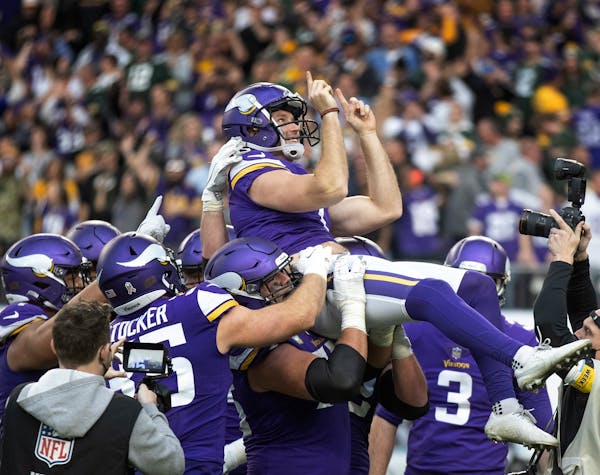 Greg Joseph’s Vikings teammates carried him off the U.S. Bank Stadium field after his 29-yard field goal beat the Packers 34-31 on Sunday.