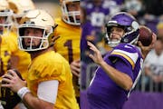 Two Minnesota quarterbacks criticized often this fall for uneven play: Tanner Morgan, left, of the Gophers, and Kirk Cousins of the Vikings.