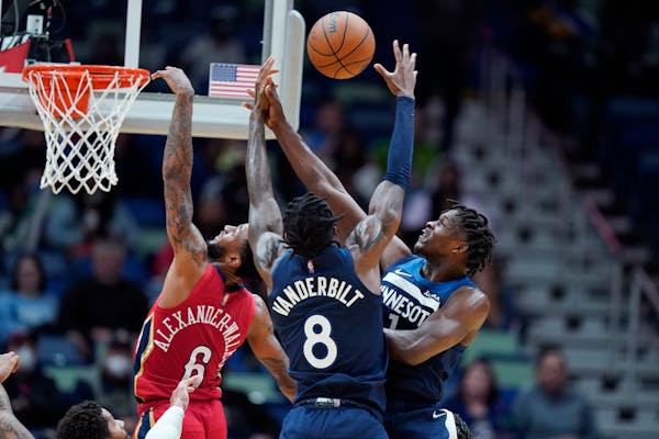 Wolves forwards Jarred Vanderbilt and Anthony Edwards were all over the defensive end on Monday night, including this battle with Pelicans guard Nicke