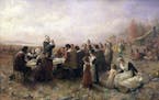 “The First Thanksgiving at Plymouth” (1914) by Jennie A. Brownscombe. This holiday, too, has come in for some rethinking.