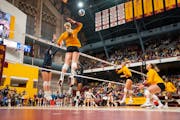 Minnesota outside hitter Jenna Wenaas spiked the ball against Penn State earlier this season during a loss at Maturi Pavilion.