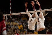 Gophers seniors Stephanie Samedy (10) and Katie Myers (23) will find out their seed for the NCAA Tournament on Sunday.