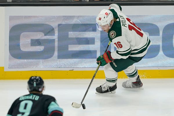 The Wild has found Rem Pitlick (pictured in a Nov. 13 vs. the Kraken) handy to plug into whatever line needs his help. Pitlick got an assist on Ryan H