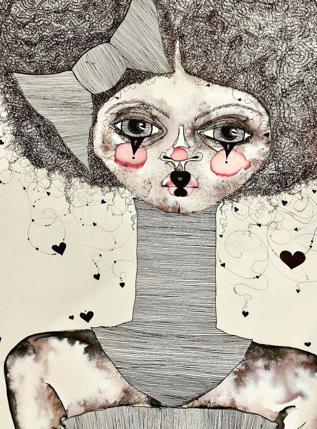 “Sad Clown” watercolor and ink on cotton cold press by Arianne Zager.