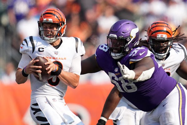 Vikings defensive tackle Michael Pierce sacked Bengals quarterback Joe Burrow in Week 1.