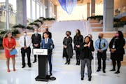 Mayor Jacob Frey spoke to the news media, flanked by charter department heads, on Friday at the Minneapolis Public Services Building in Minneapolis.