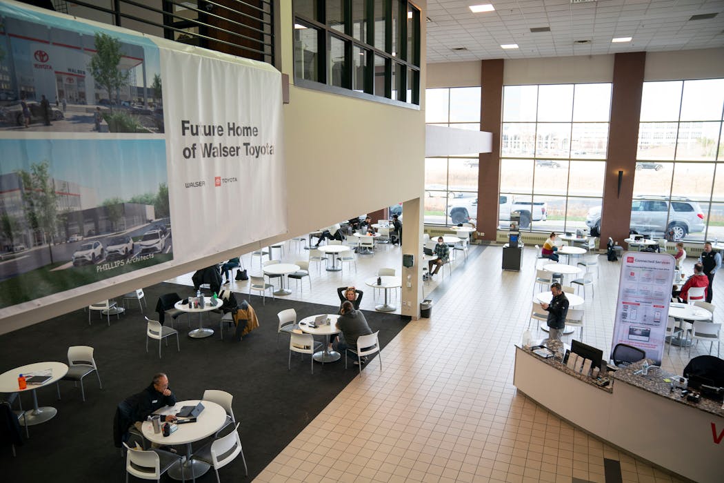 With few new cars in stock, the show floor at Walser Toyota has been opened up to have more space for sales associates to meet with clients.