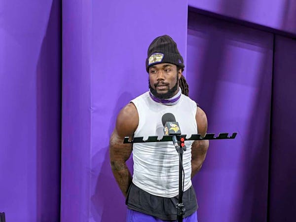 Minnesota Vikings running back Dalvin Cook addresses reporters during an NFL football media availability Wednesday, Nov. 10, 2021, at TCO Performance 