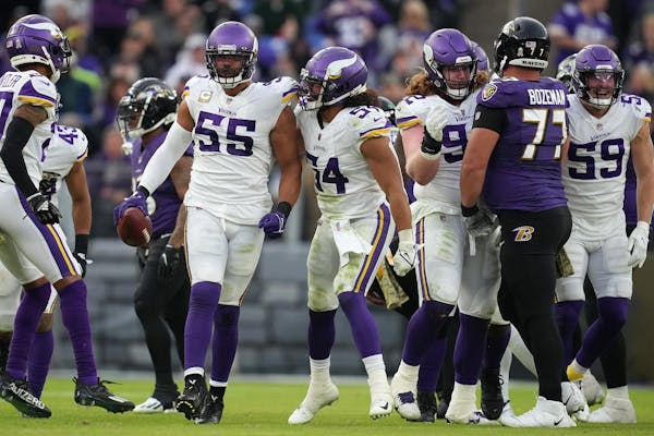 Anthony Barr (55) and Eric Kendricks (54) will miss Sunday’s game against the Lions.