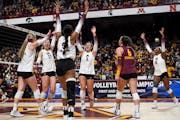 The Gophers celebrated after winning a point against Stanford in the second round of the NCAA tournament on Saturday at Maturi Pavilion.