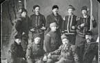The “Sky Crashers” of the Aurora Ski Club, photographed in Red Wing, circa 1890. The Hemmestveit brothers, Mikkel and Torjus (upper right standing