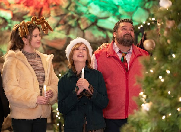 From left, Kyla Kenedy as Orly, Holly Hunter as Arpi and Bobby Moynihan as Jayden in the Christmas-themed episode of “Mr. Mayor.”﻿