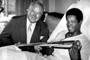 American League President Joe Cronin presented Twins star Rod Carew with a silver bat for winning the 1969 AL batting title in June 1970. That bat was