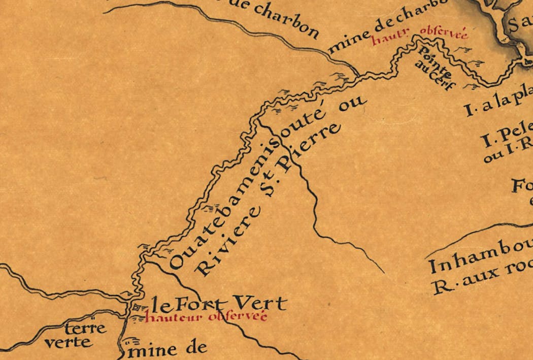 This 1702 French map of the Mississippi River area includes a French interpretation of the Dakota word for the Minnesota River.