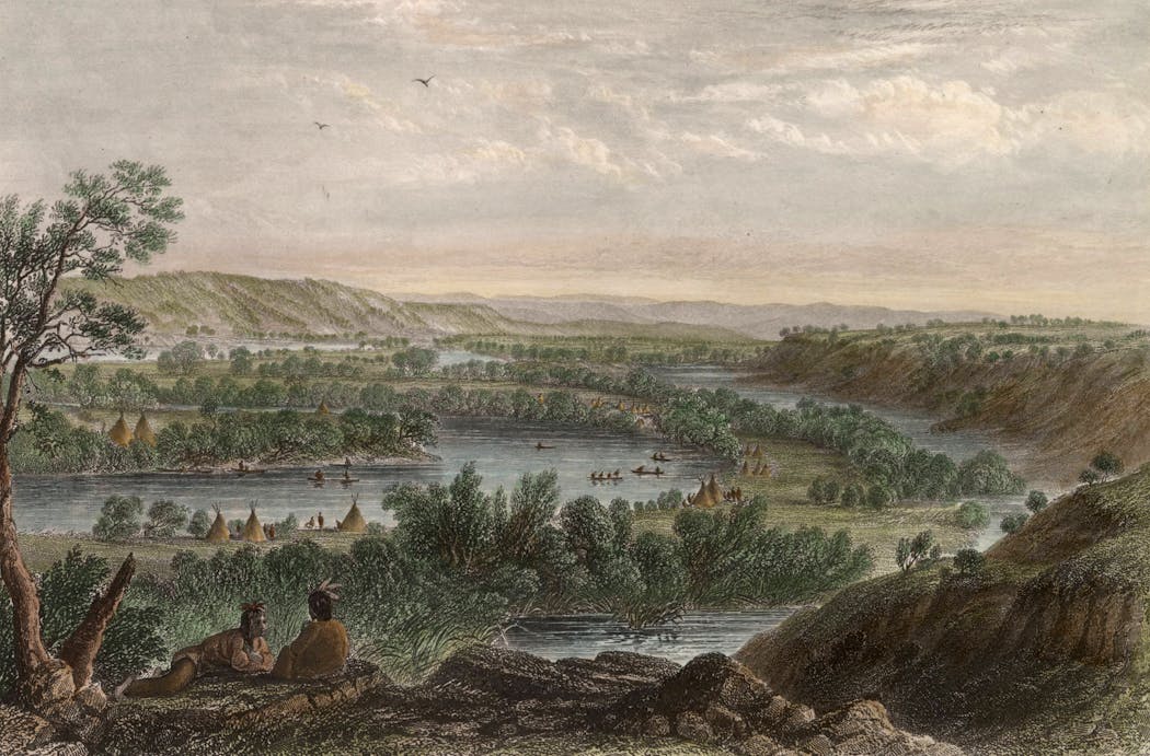 This depiction of the Minnesota River Valley was drawn by artist and U.S. Army Officer Seth Eastman in the 1840s or 1850s. Eastman served occasionally as the commanding officer at Fort Snelling, among other roles during his career. The image is a white man's portrayal of Native people, but also offers a glimpse into Dakota life on the river.
