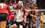 Wisconsin’s Sydney Hilley (2) set the ball in an eventual win against the Gophers on Dec. 11 in an NCAA regional final.