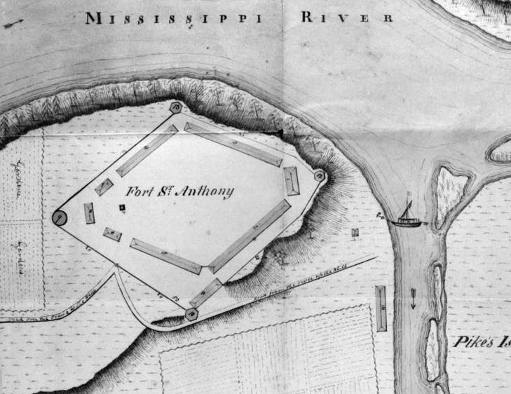 This 1823 map illustrates the boundaries of Fort Snelling, then called Fort St. Anthony. The Round Tower is on the left-hand side.
