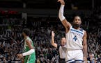 Wolves guard Jaylen Nowell reacted after making a three-pointer in the fourth quarter at Target Center on Monday night. Nowell’s 29 points off the b