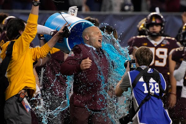Coach P.J. Fleck got doused after the Gophers’ 18-6 victory in the Guaranteed Rate Bowl on Tuesday night. The Gophers might have deserved a better b