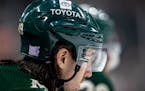 A corporate sponsorship Toyota decal on the helmet of Victor Rask of the Minnesota Wild. 