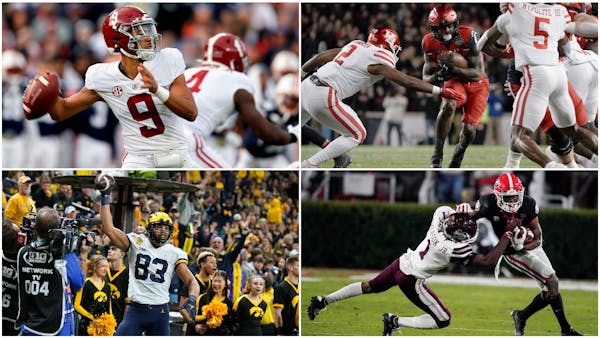 Some of the key playmakers in the College Football Playoff semifinals (clockwise from top left): Alabama quarterback Bryce Young, Cincinnati running b